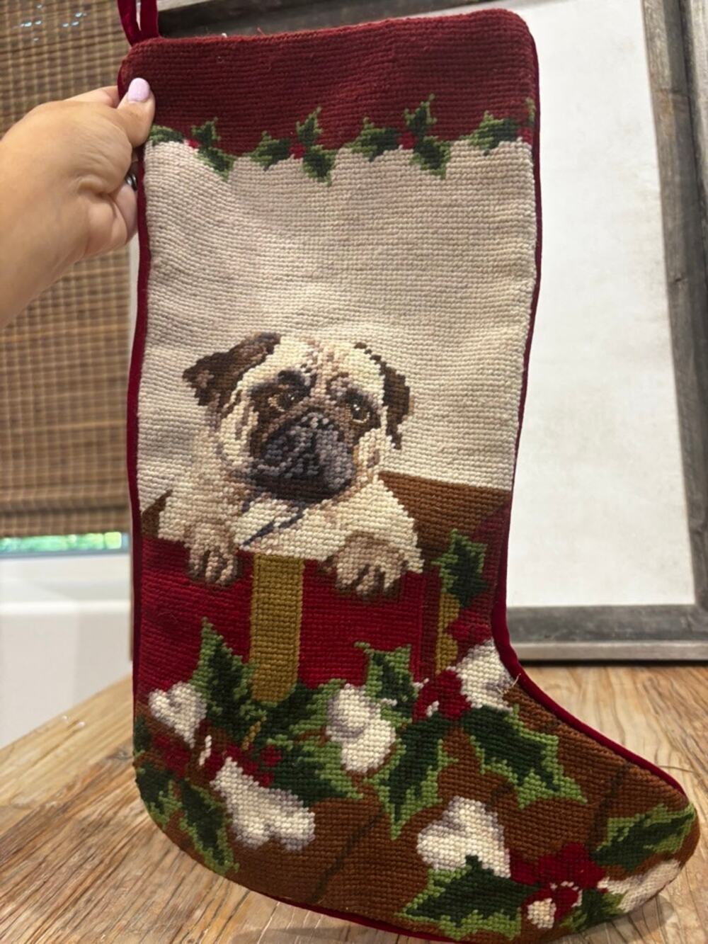 Vintage Needlepoint Pug Dog Christmas Stocking Wool Velvet Holiday Decor